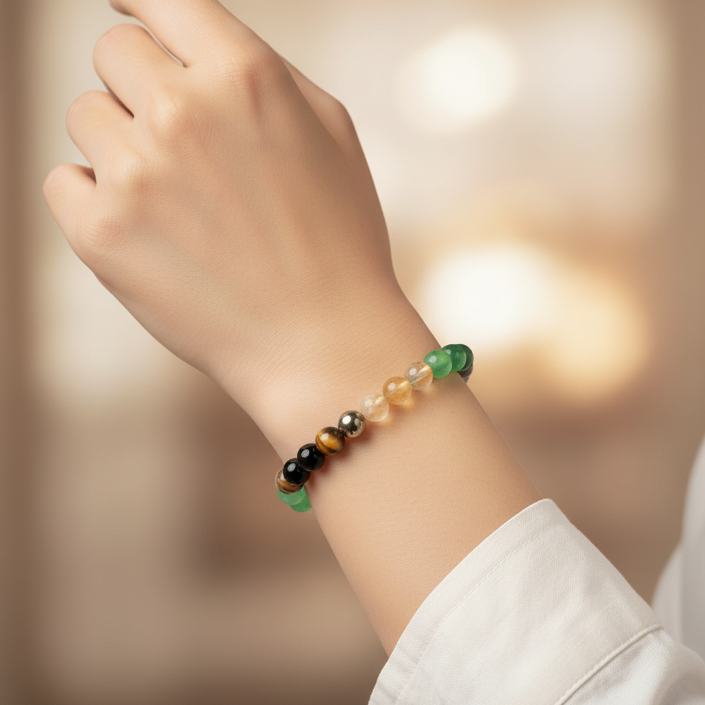 Woman wearing multi-stone healing bracelet - wrist shot