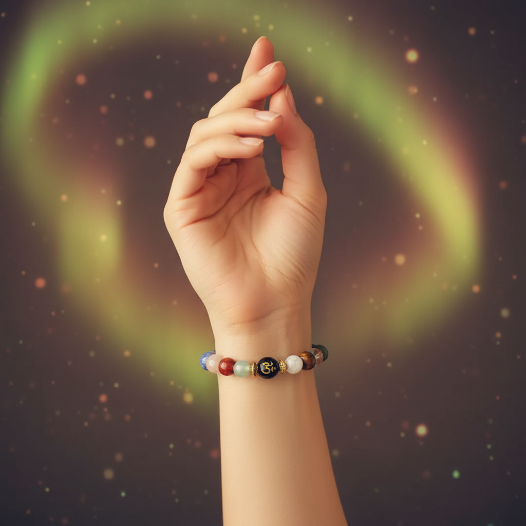 Woman wearing Navgraha Shanti Bracelet - wrist shot