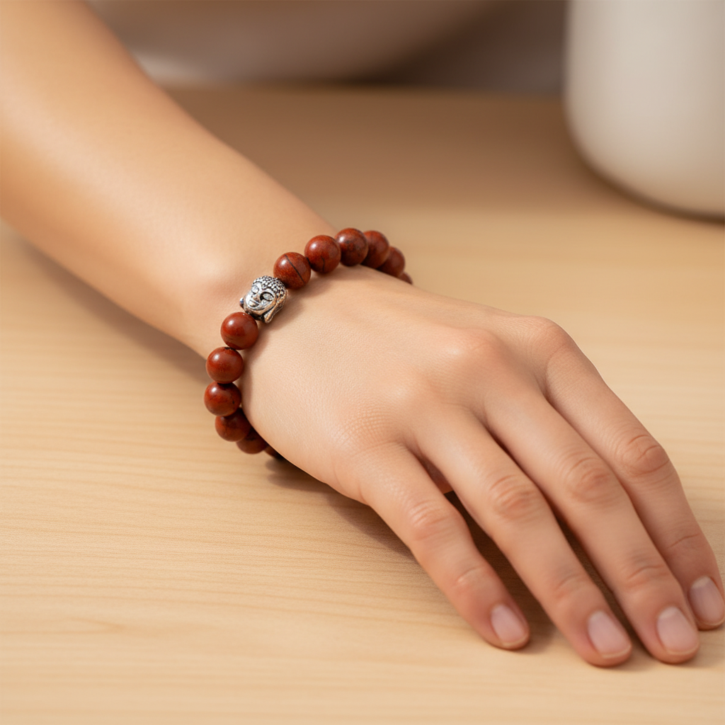 Woman wearing Red Jasper bracelet with Buddha charm - wrist shot
