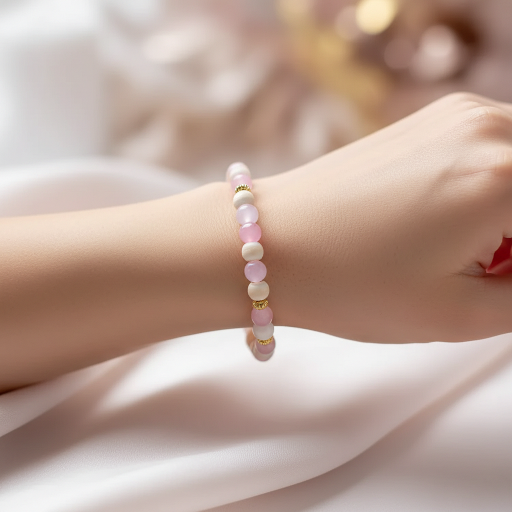 Woman wearing Rose Quartz and Moonstone bracelet - wrist shot