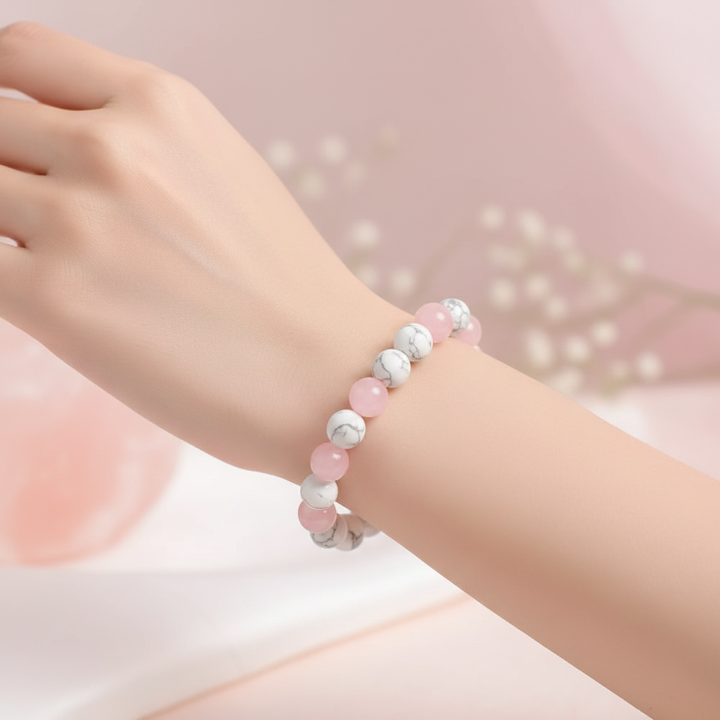 Woman wearing Rose Quartz and White Howlite bracelet - wrist shot