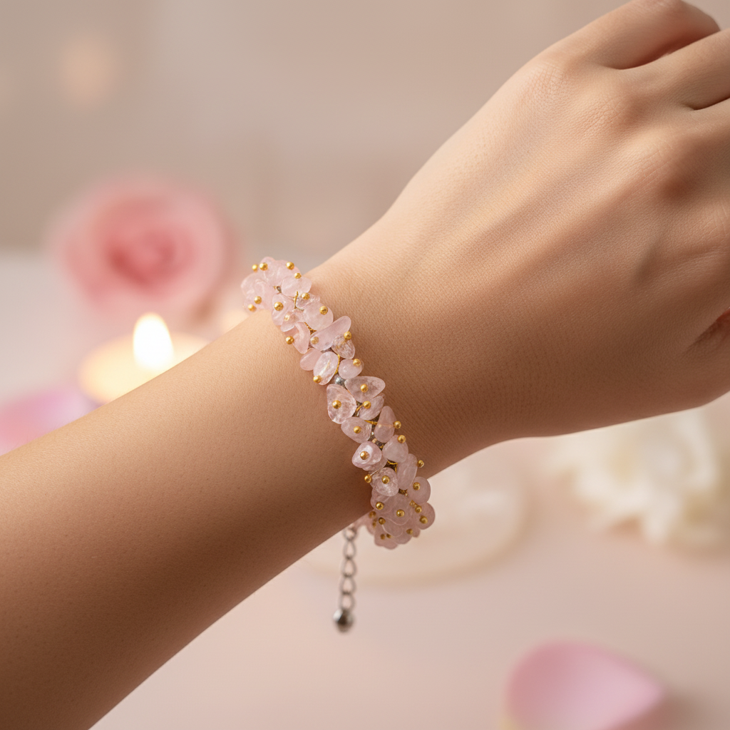 Woman wearing rose quartz chips bracelet - wrist shot