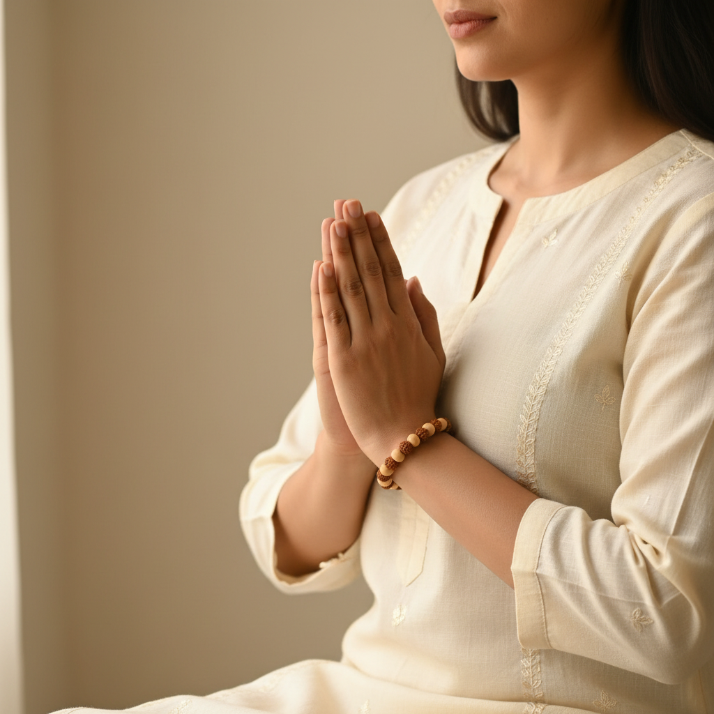 Woman Wearing Rudraksha and Tulsi Bracelet