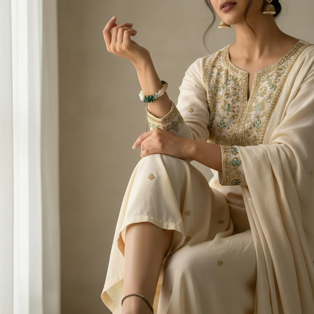Woman wearing Super-Women Combo with kurta - Dhan Yog Chips Bracelet and Pyrite Anklet