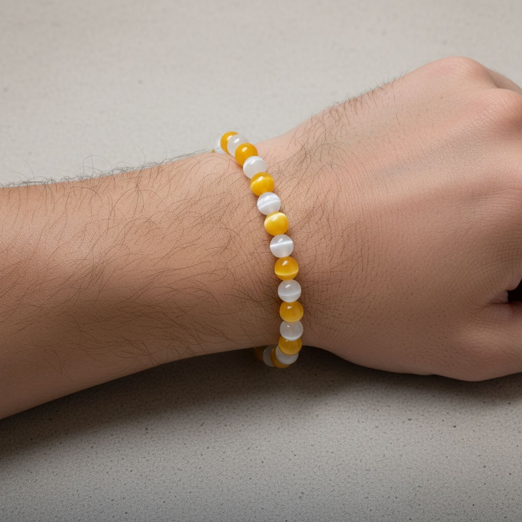 Yellow and white bracelet on a man’s wrist