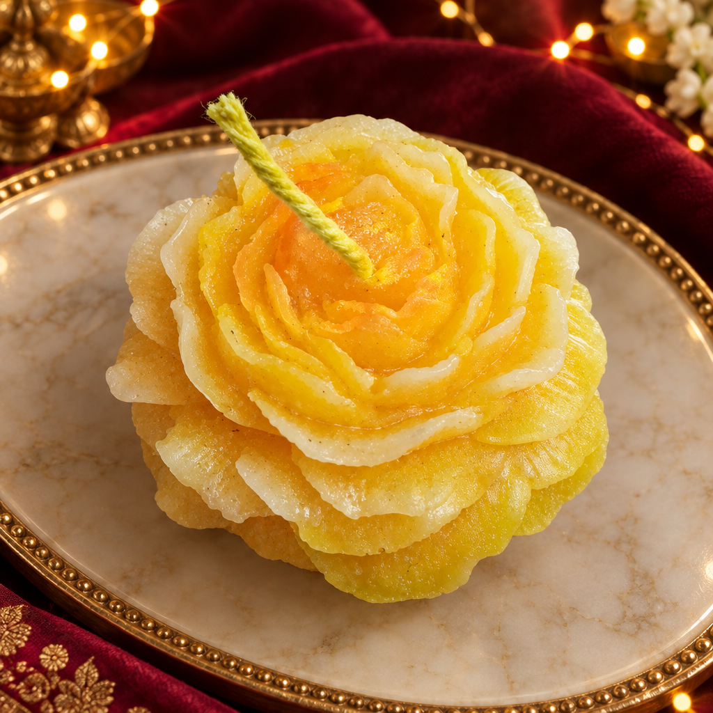 Yellow rose candle with burgundy and gold festive styling